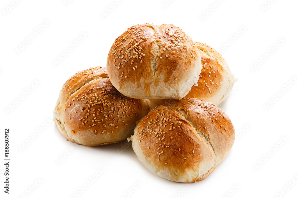 Fresh baked buns on white background