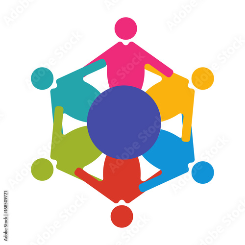 Reunion or Diversity group or community vector illustration. Round table and diverse people teamwork cooperation symbol. Great as cultural and racial diversity solidarity promotion.