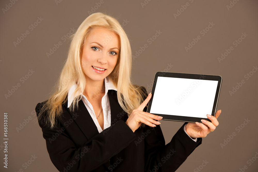 Beautiful blonde woman showing tablet with blank screen for additional text or graphic Beautiful blonde woman showing tablet with blank screen for additional text or graphic