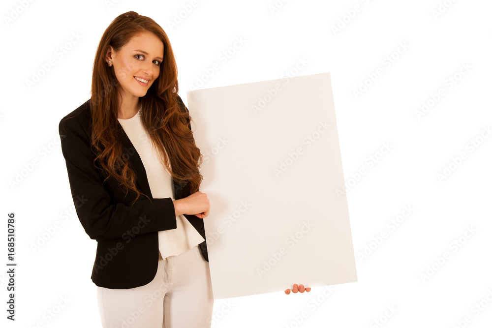 attractive business woman holding white banner with copy spave for additional text or graphic isolated over white attractive business woman holding white banner with copy spave for additional text or graphic isolated over white