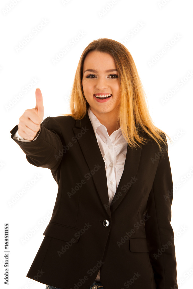Cute young woman showing thumb up isolated over white background Cute young woman showing thumb up isolated over white background