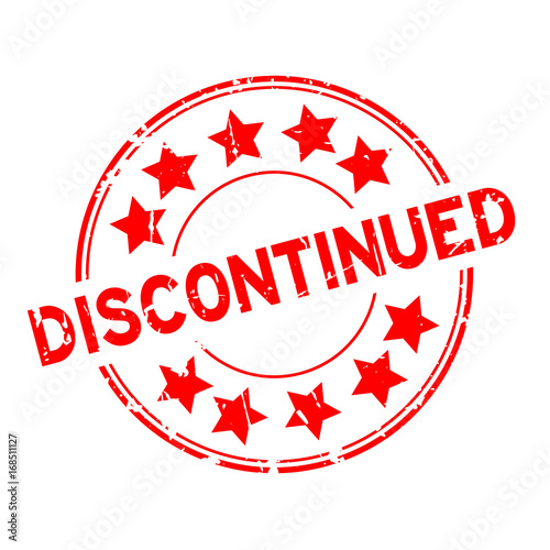 Grunge red discontinued with star icon round rubber stamp on white background