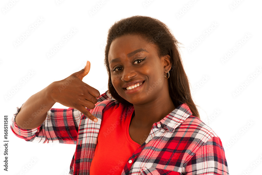 Active young woman gesture call me isolated over white background Active young woman gesture call me isolated over white background