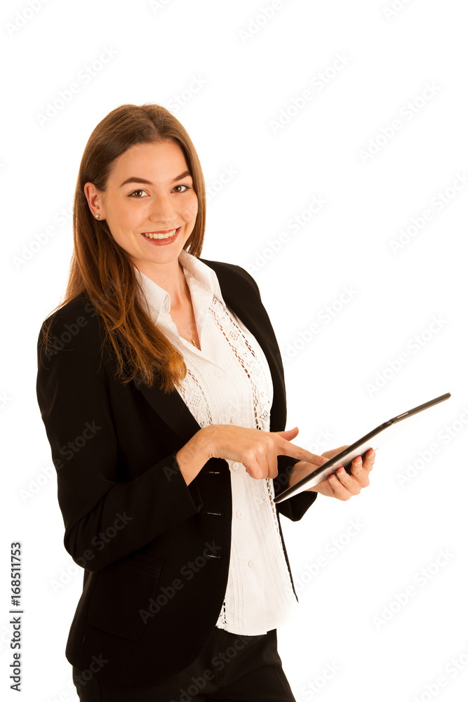 attractive young business woman checking data on a tablet computer isolated over white attractive young business woman checking data on a tablet computer isolated over white