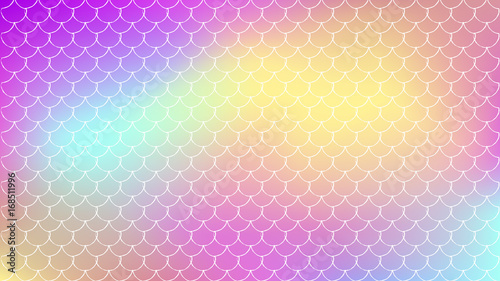Mermaid tale on trendy gradient background. Horizontal backdrop with mermaid tale ornament. Bright color transitions. Fish scale banner and invitation. Underwater sea pattern. Rainbow colors.