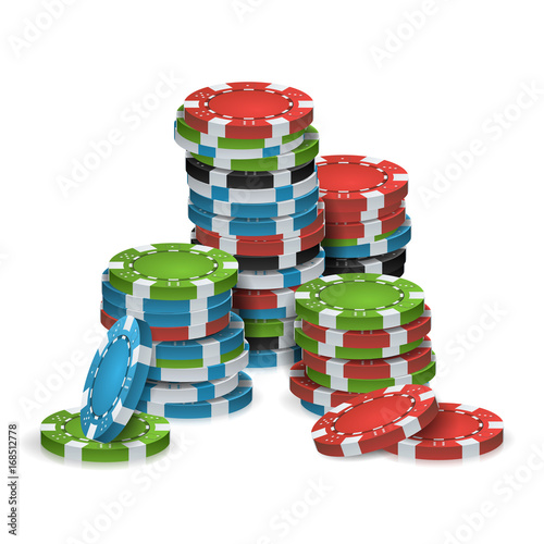 Poker Chips Stacks Vector. Plastic. White, Red, Black, Blue, Green Casino Chips Illustration. Poker Game Chips Isolated On White Background Illustration.