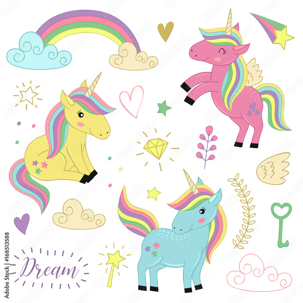 set  of isolated unicorns and elements part 1  - vector illustration, eps
