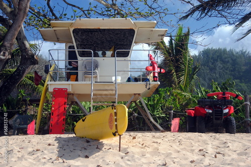 Hawaiian lifeguard tower and equipment in Banzai Pipeline, Hawaii