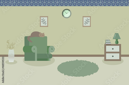A cute living room.A lamp. An armchair. A carpet. A vase with decorative branches. A table. A lamp. A clock. A cat. Paintings. A green background. Vector illustration.