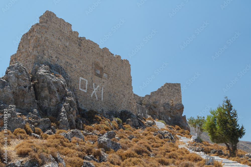Ruins of the medieval castle in Archangelos village, Rhodes island, Greece