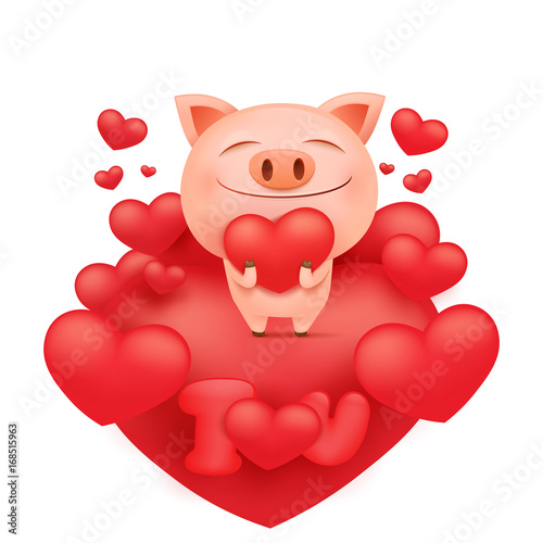 Funny pink pig cartoon character standing on heart