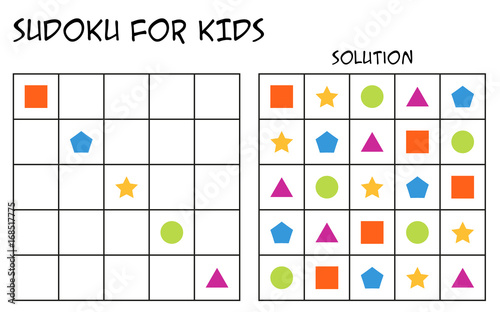 Sudoku for kids with solution, puzzle for children to complete each row or column with just one of each shapes, mental task, logical but easy challenge
