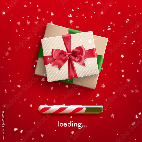Realistic gift box tied with ribbon with red bow knot and realistic christmas candy cane progress bar . Vector illustration red background with flakes of snow.