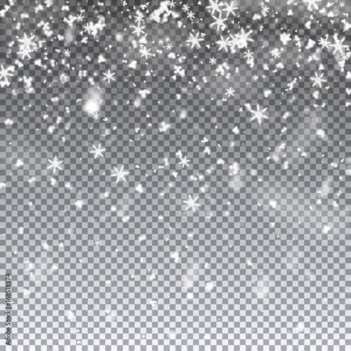 Falling snowflakes and snow. Vector illustration on transparent background. Template for winter christmas design.