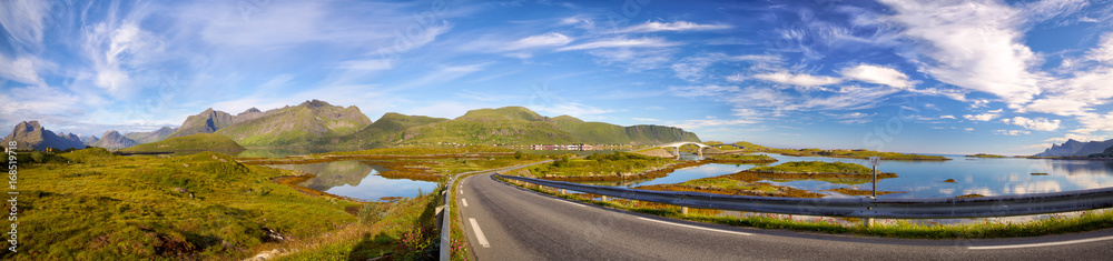Lofoten Islands panorama with road and bridges near Fredvang, Norway