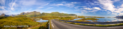Lofoten Islands panorama with road and bridges near Fredvang, Norway