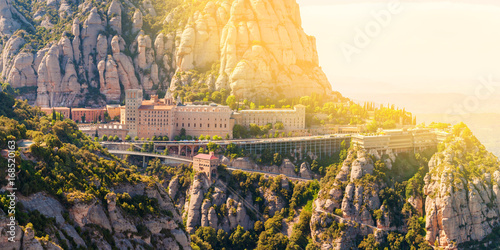 View of the Monastery of Montserrat in Catalonia, near Barcelona. Panorama from the top of the mountain.