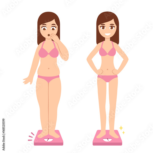 Overweight and slim woman on scales