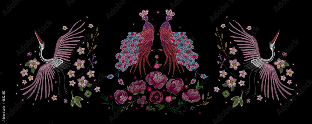Large floral collection. Set Peony. Traditional folk stylish stylish floral embroidery on the black background. Sketch for printing on clothing, fabric, masks, accessories and design. Trend vector Large floral collection. Set Peony. Traditional folk stylish stylish floral embroidery on the black background. Sketch for printing on clothing, fabric, masks, accessories and design. Trend vector