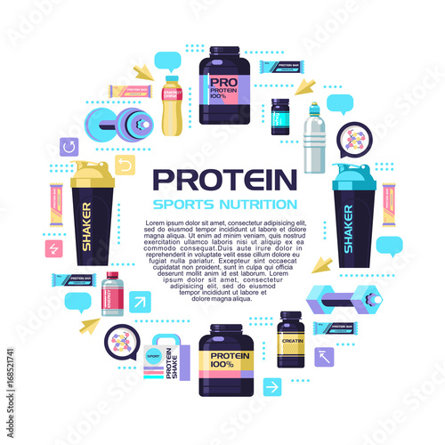 Protein, sports nutrition, water, shaker, dumbbell, energy drinks. Set of design elements arranged in a circle.