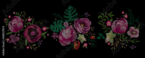 Large floral collection. Set Peony. Traditional folk stylish stylish floral embroidery on the black background. Sketch for printing on clothing, fabric, masks, accessories and design. Trend vector