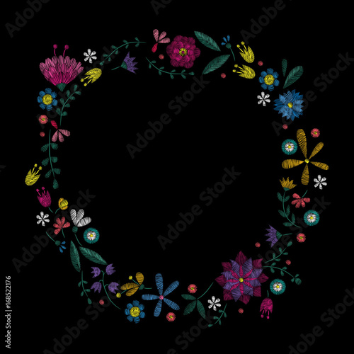 Flowers plant. Traditional folk stylish stylish floral embroidery on the black background. Sketch for printing on fabric, clothing, bag, accessories and design. Vector, trend