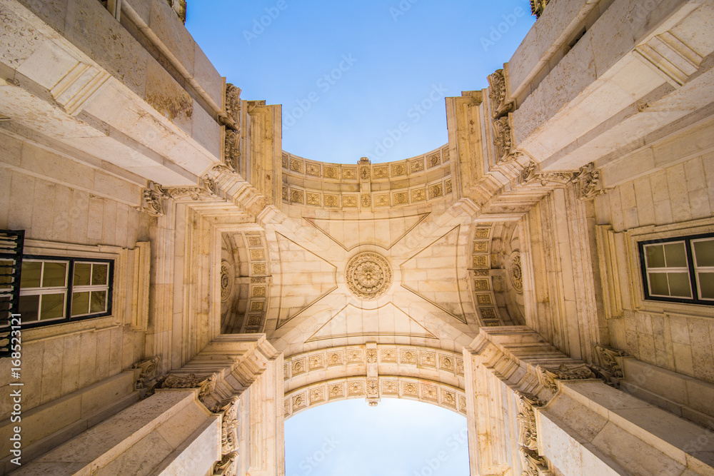 10 July 2017 - Lisbon, Portugal. Lisbon, Portugal. Looking up at the iconic Augusta Street Triumphal Arch in the Commerce Square, Praca do Comercio or Terreiro do Paco.