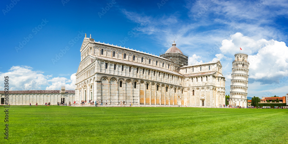 Panorama of the leaning tower of Pisa and the cathedral (Duomo) in Pisa, Tuscany, Italy