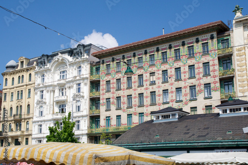 VIENNA, AUSTRIA - APR 30th, 2017: The Majolica House Majolikahaus with its floral ornamentation near Naschmarkt in Vienna Austria famous example of Jugendstil art nouveau buildt by Otto Wagner in 1899