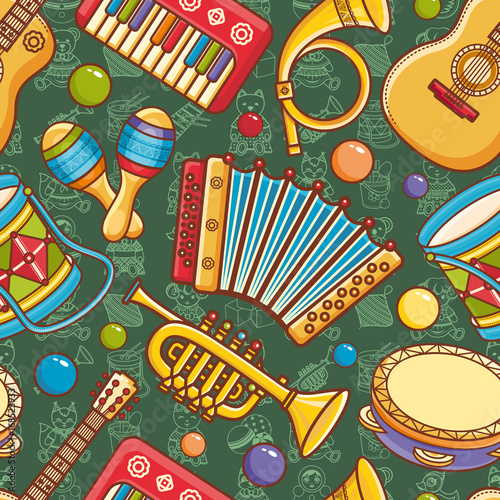 Musical instrument seamless pattern. Cartoon style