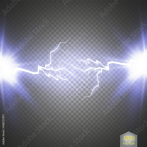 Blue abstract energy shock explosion special light effect with spark. Vector glow power lightning cluster. Electric discharge on transparent background. High voltage charged core