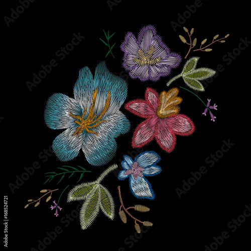 Traditional folk flower fashionable embroidery on the black background. Bouquet of dog rose for printing on clothes. vector