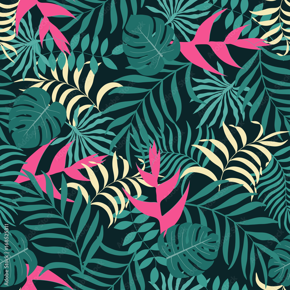 Tropical background with palm leaves and flowers. Seamless floral pattern Tropical background with palm leaves and flowers. Seamless floral pattern