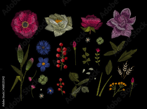 Large floral collection. Set Peony. Traditional folk stylish stylish floral embroidery on the black background. Sketch for printing on clothing, fabric, masks, accessories and design. Trend vector