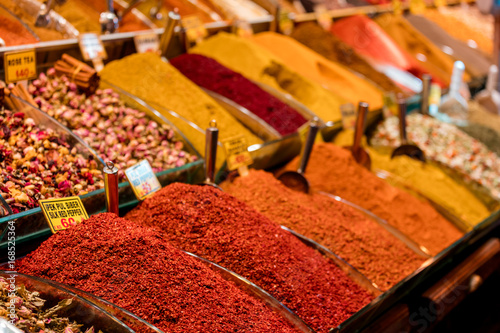 Counter with spices. The Egyptian Bazaar. Istanbul. Turkey. May 2017