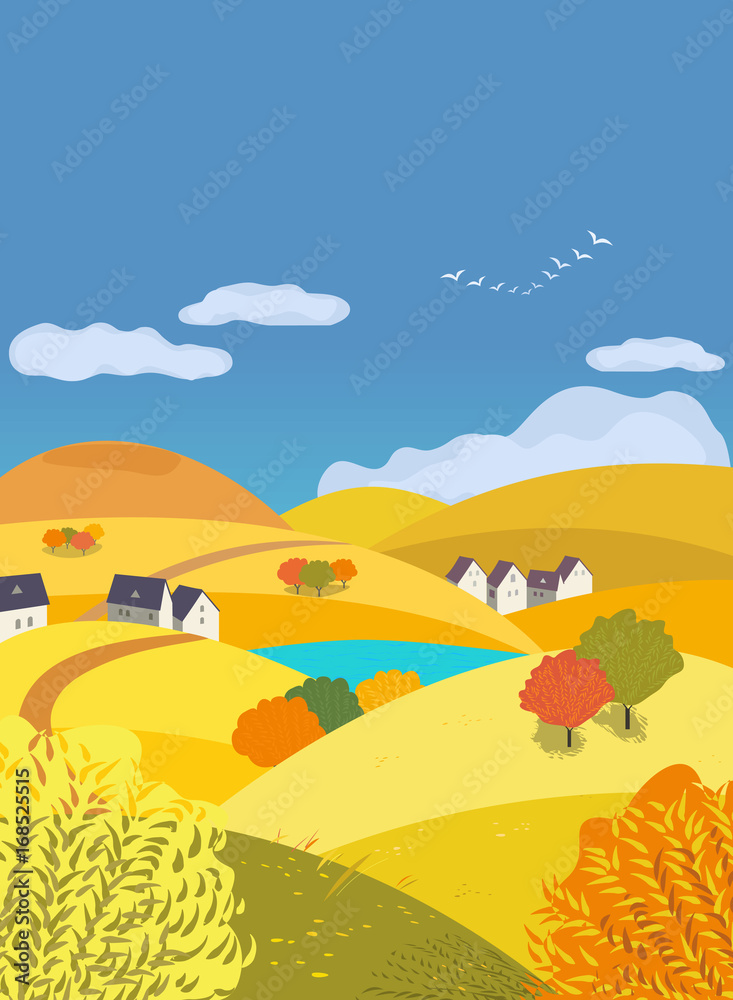 Autumn outdoors landscape. Freehand drawn cartoon style. Farm houses, country winding road on meadows and fields. Rural community. Lake view among hills. Vector village countryside scene background
