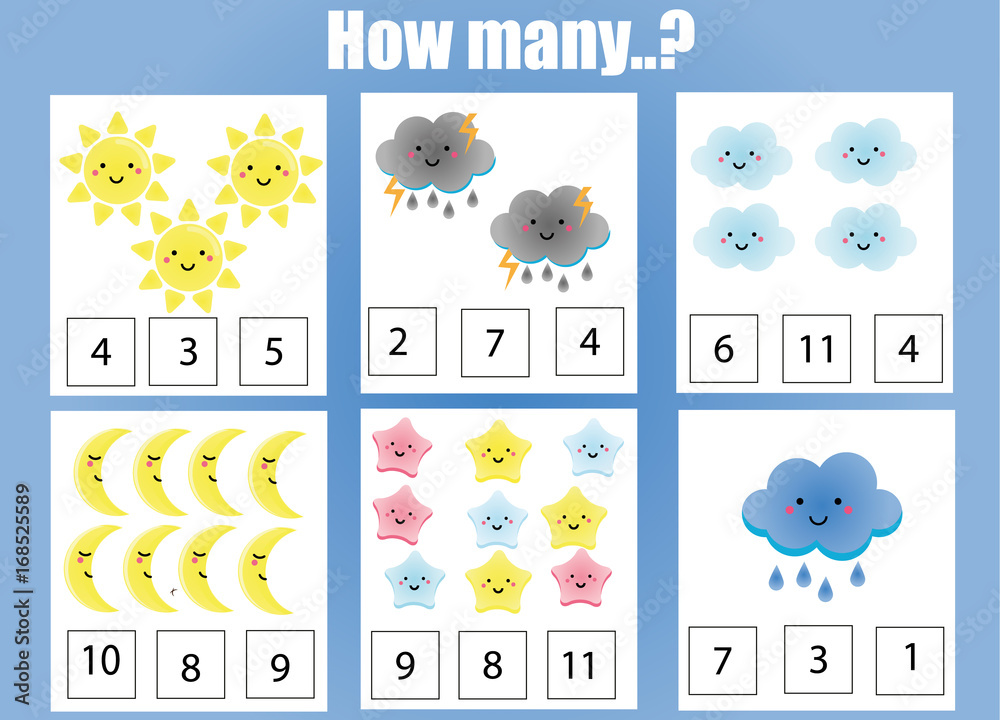 Fototapeta premium Counting educational children game, kids activity worksheet. How many objects task