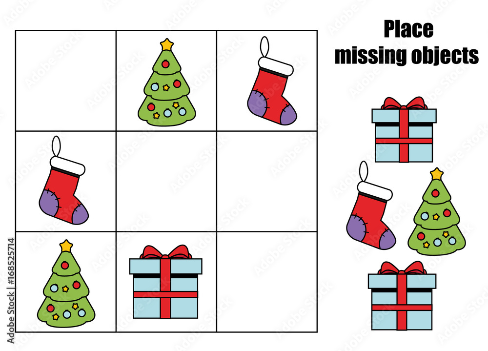 Place missing objects in grid. Kids activity sheet. Logic educational ...