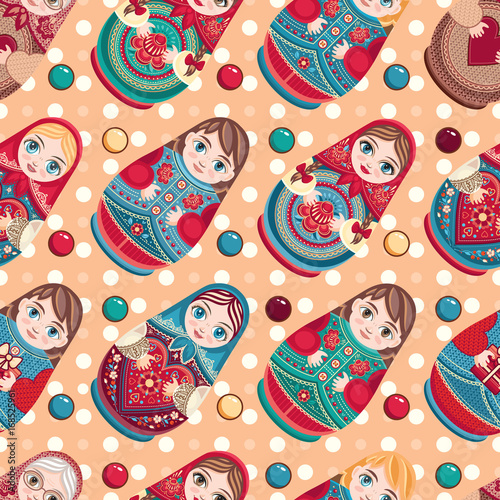 Russian souvenir. Matryoshka - babushka doll. Seamless pattern. Vector