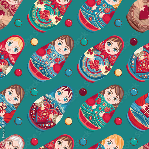 Russian souvenir. Matryoshka - babushka doll. Seamless pattern. Vector