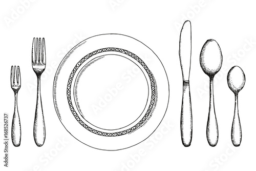 Plate knife fork and spoon sketch. cutlery set Vintage vector