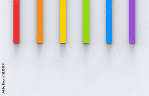 3d rendering. rainbow color long cubes on the gray wall background