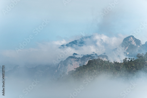 Paradise landscape at Ratchaprapa dam, Khao Sok, Surat Thani, Thailand. Beautiful sea of fog blue sky background. Irrigation watercontrol concept. photo