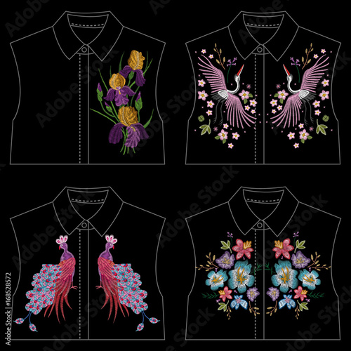Crane, peacock, irises, flowers, plant. Traditional folk stylish stylish embroidery on the black background. Sketch for printing on clothing, fabric, bag, accessories and design. Vector, trend