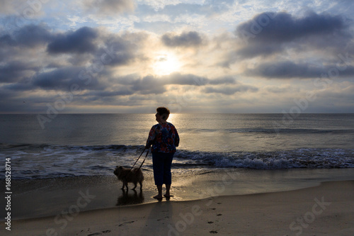 Silhouette of woman on beach in early morning walking dog