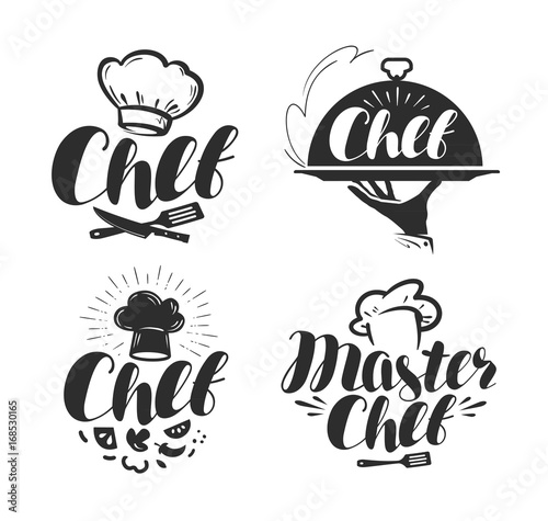 Chef, cook logo or label. Illustration for design menu restaurant or cafe. Lettering vector