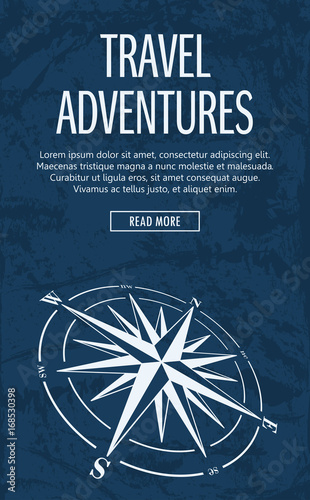 Vertical banner with compass rose on blue grunge background. Vector illustration.