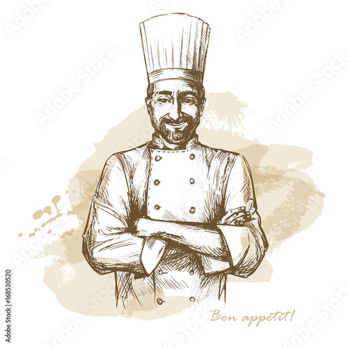Smiling and happy chef. Vector hand drawn illustration on artistic watercolor background.