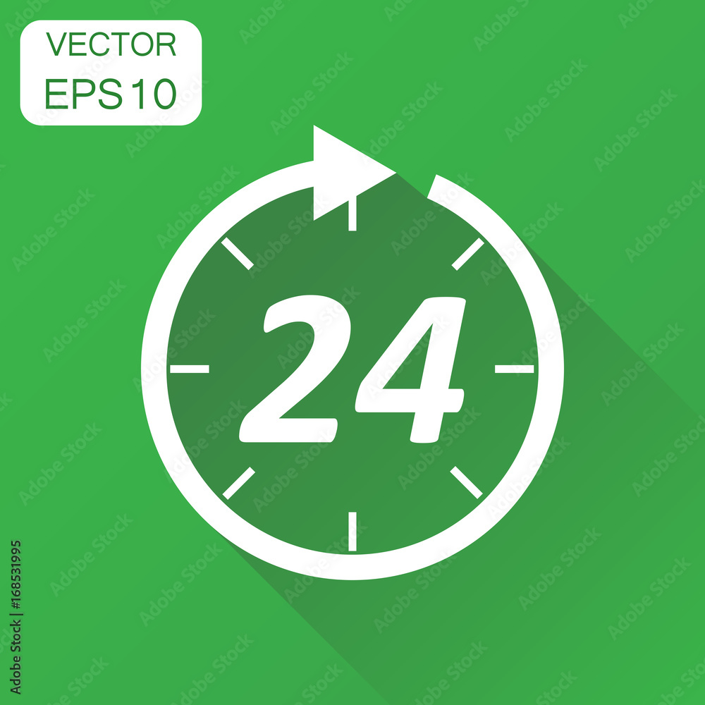 Time icon. Business concept 24 hours clock pictogram. Vector illustration on green background with long shadow. Time icon. Business concept 24 hours clock pictogram. Vector illustration on green background with long shadow.