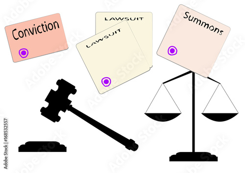 judicial forms, a judicial gavel and the scales of black color